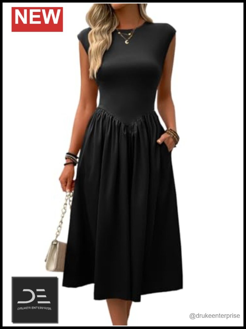 Women's Casual Cap Sleeve Midi Dress Soft A-Line Crew Neck